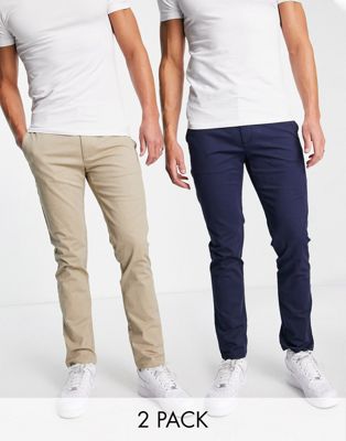Topman 2 pack slim chino trousers in navy and stone