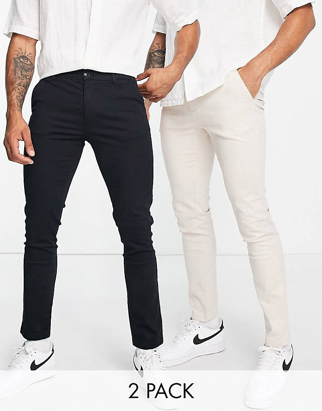 Topman - 2 pack slim chino trousers in stone and black