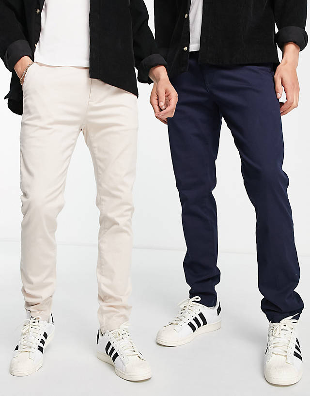 Topman - 2 pack slim chino trousers in stone and navy