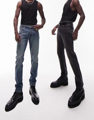 Topman 2 pack slim jeans in washed black and mid wash - ASOS Price Checker