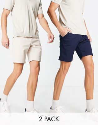 Topman 2 pack slim shorts in stone and navy