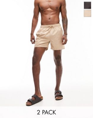 Topman 2 pack swim shorts in black and stone - ASOS Price Checker