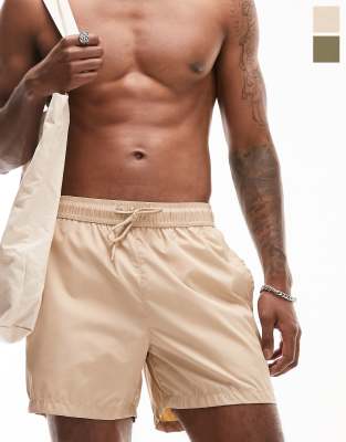 Topman 2 pack swim shorts in stone and khaki - ASOS Price Checker