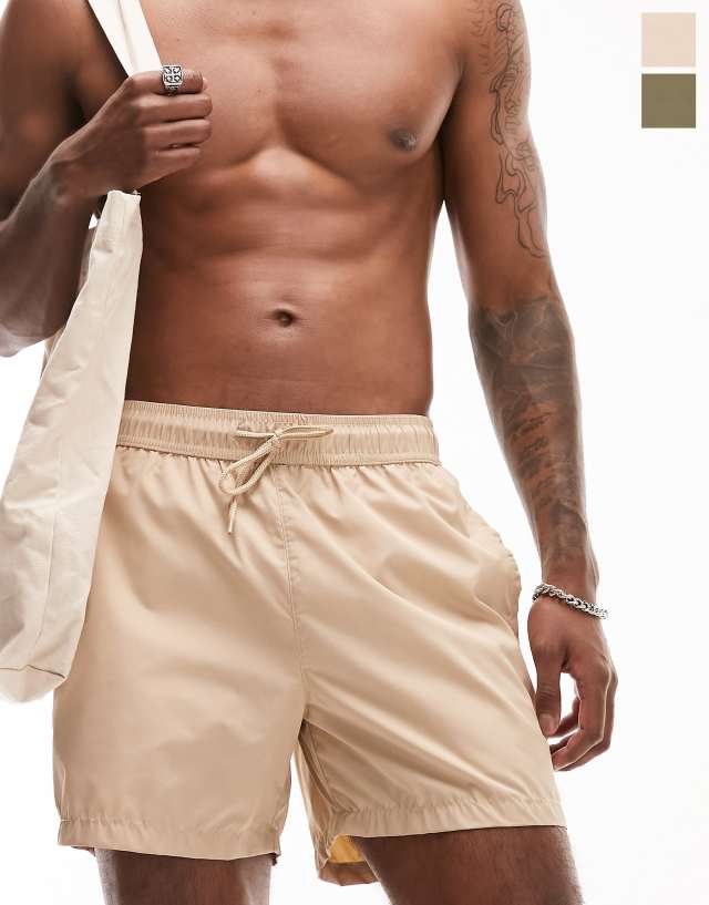 Topman 2 pack swim shorts in stone and khaki