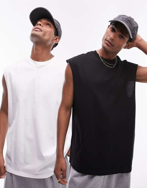 Topman – 2er-Pack ärmellose Oversize-T-Shirts in Schwarz und Weiß