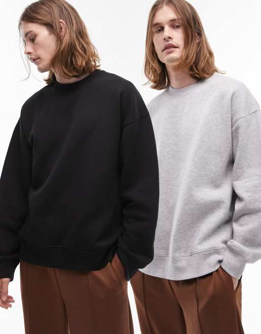 Topman – 2er-Pack Oversize-Sweatshirts in Schwarz und meliertem Grau
