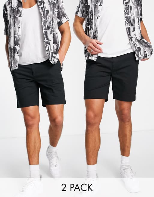 Topman – 2er-Pack schmal geschnittene Chinoshorts in Schwarz 
