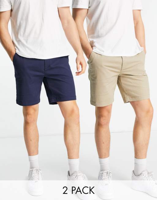 Topman – 2er-Pack schmale Chinoshorts in Marineblau und Stein