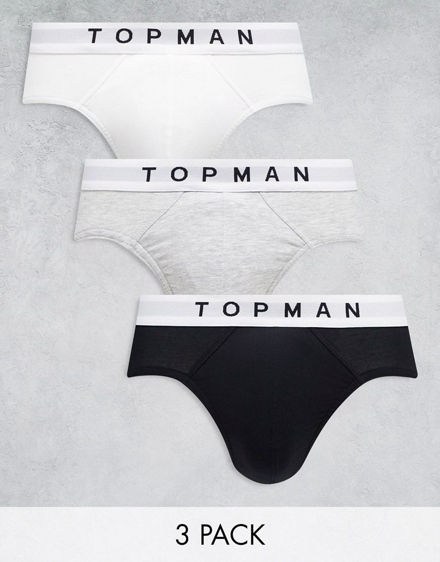 Topman 3 Pack Briefs In Black, White And Gray Heather With White Waistbands-multi