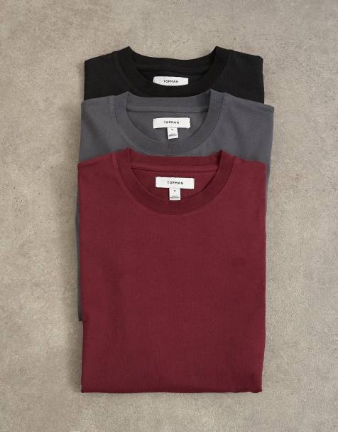 Topman 3 pack classic fit t-shirt in black, charcoal and burgundy - view 1