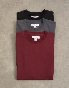3 pack classic fit t-shirt in black, charcoal and burgundy