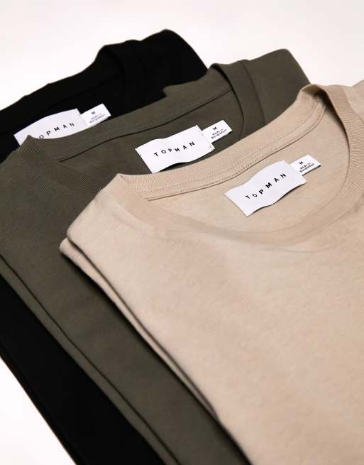 Topman 3 pack classic fit T-shirt in black, stone and khaki