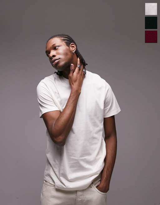 Topman 3 pack classic fit t-shirt in ecru, burgundy and dark green