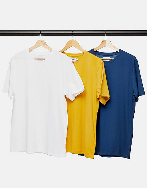 Topman 3 pack classic fit t-shirt in white yellow and blue