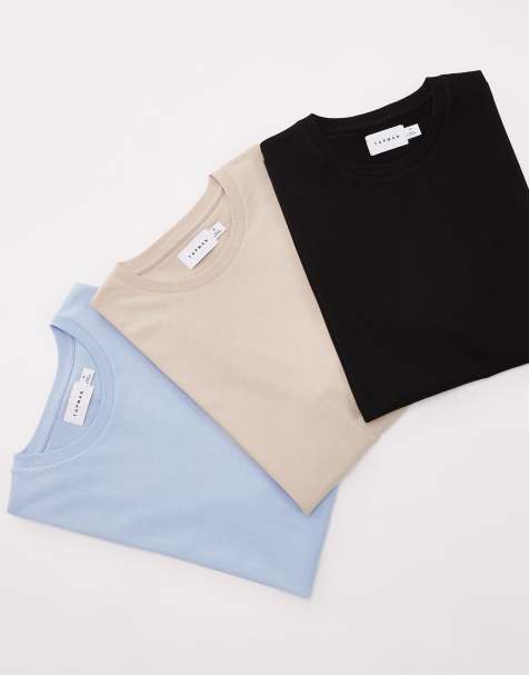 Topman 3 pack classic fit t-shirts in black, stone and light blue - view 1