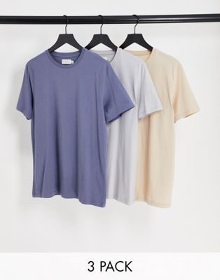 Topman 3-pack classic T-shirt in blue, light grey and stone - ASOS Price Checker