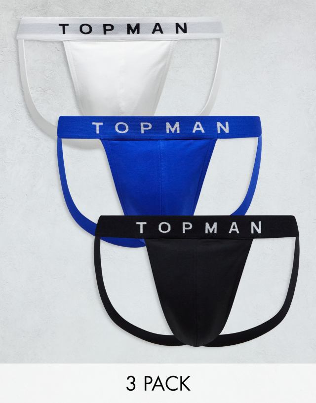 Topman - 3 pack jocks in black, white and cobalt with coloured waistbands