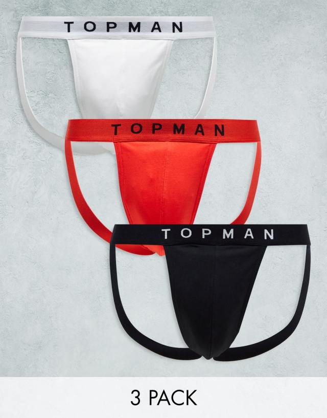 Topman - 3 pack jocks in black, white and red with coloured waistbands