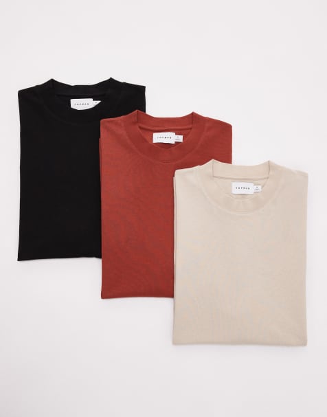 Topman 3 pack oversized fit t-shirt in black, stone and burgundy - view 1