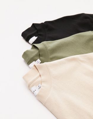 Topman 3 pack oversized fit t-shirt in black, stone and khaki
