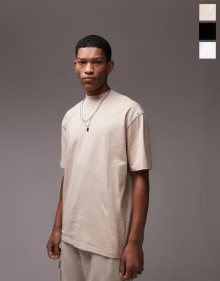 Topman 3 pack oversized fit t-shirt in black, white and stone