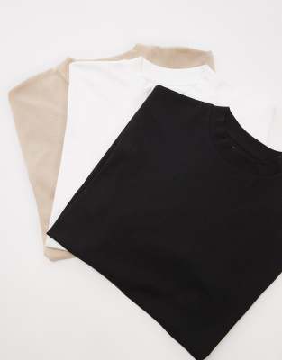 3 pack oversized fit t-shirt in black, white and stone-Multi