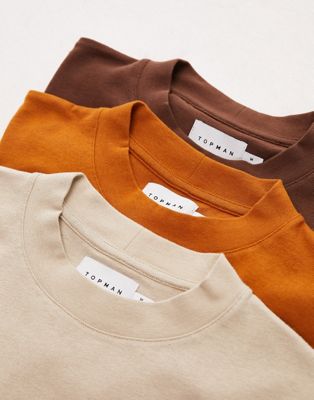 Topman 3 pack oversized fit t-shirt in stone, brown and rust