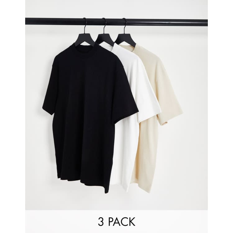 Topman 3 pack oversized t-shirt in black, white and stone