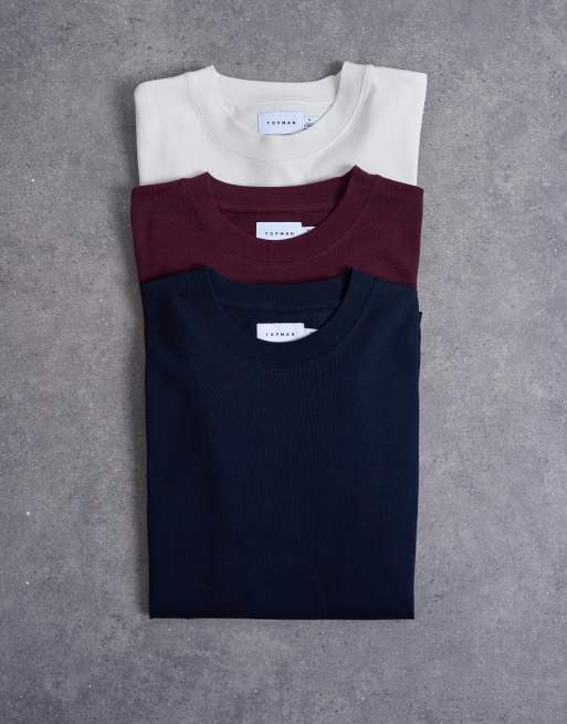 Topman 3 pack oversized t-shirt in ecru, navy and burgundy