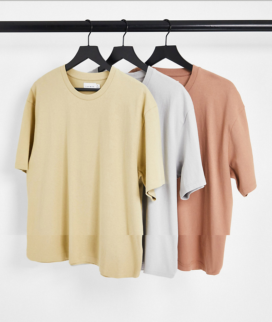 Topman 3 pack oversized t-shirt in gray, stone and brown-Multi