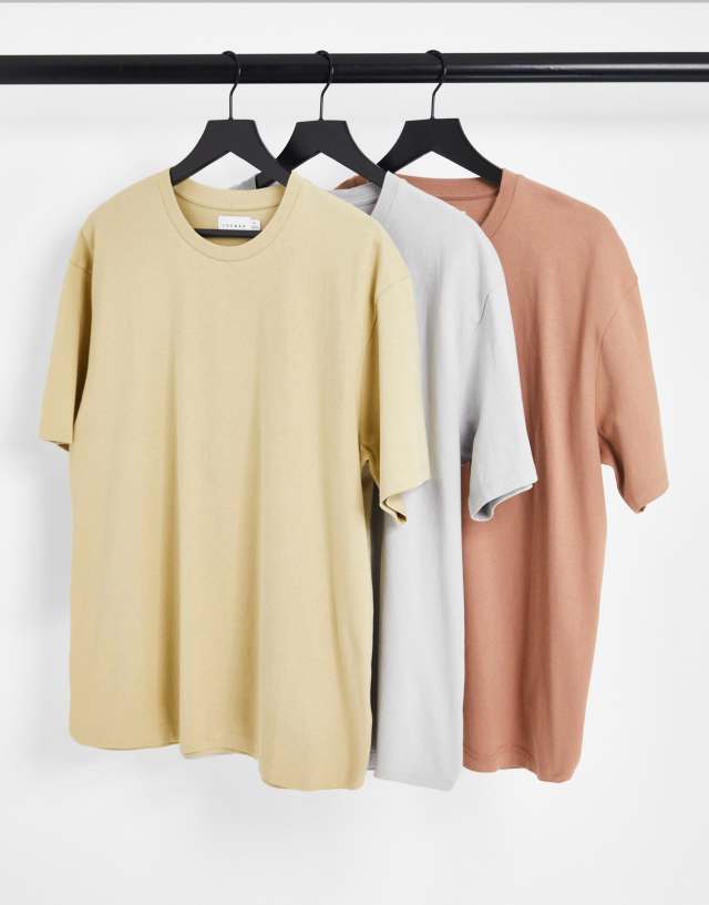 Topman 3 pack oversized t-shirt in gray stone and brown