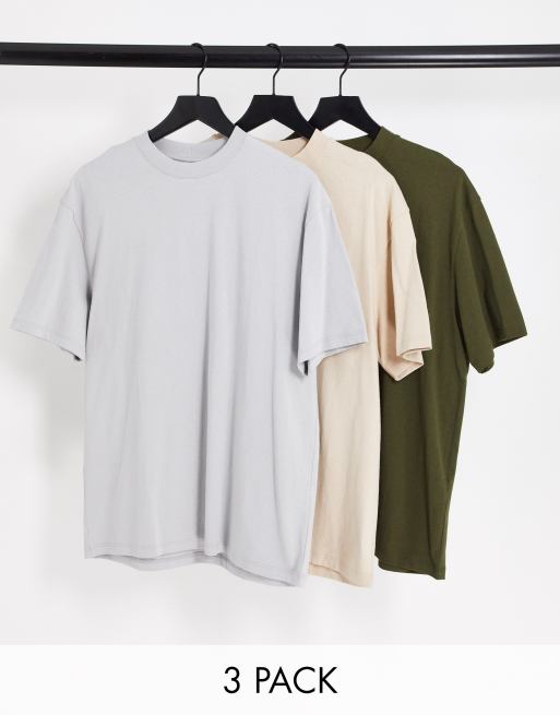 Topman 3 pack oversized t-shirt in khaki, stone and light grey