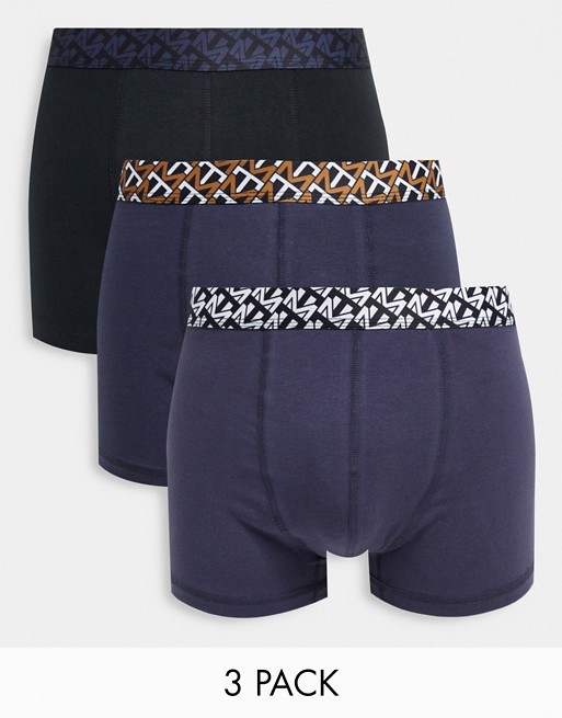Topman 3 pack printed waistband trunks in black and navy