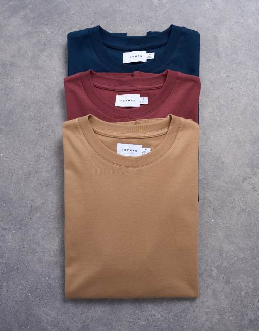 Topman 3 pack regular fit t-shirts in dark stone, burgundy and navy