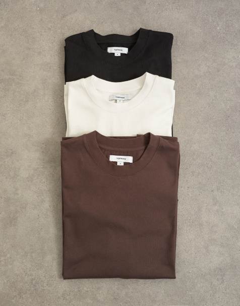 Topman 3 pack relaxed fit t-shirt in black, ecru and brown - view 1