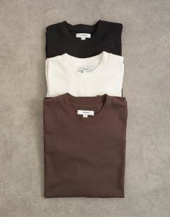3 pack relaxed fit t-shirt in black, ecru and brown