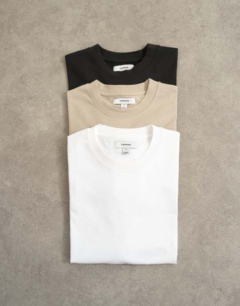 Topman 3 pack relaxed fit t-shirt in black, white and stone - view 1