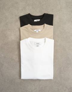 Model wearing 3 pack relaxed fit t-shirt in black, white and stone