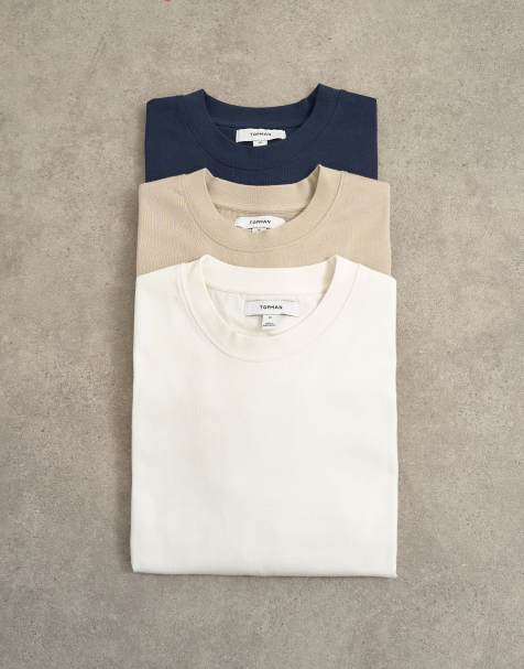 Topman 3 pack relaxed fit t-shirt in ecru, navy and stone - view 1