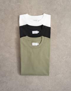 Model wearing 3 pack relaxed fit t-shirt in white, black and olive