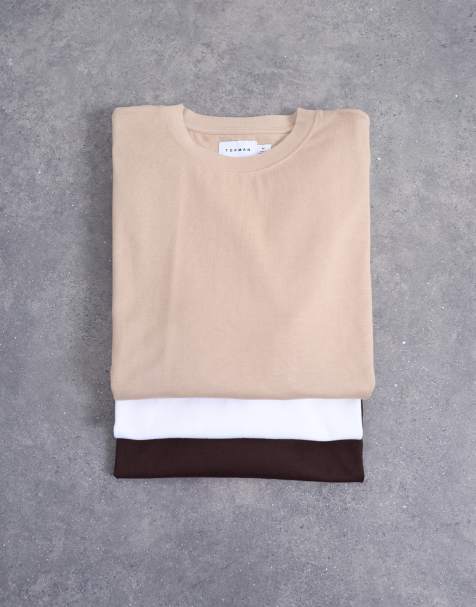 Topman 3 pack relaxed fit t-shirt in white, chocolate and stone 