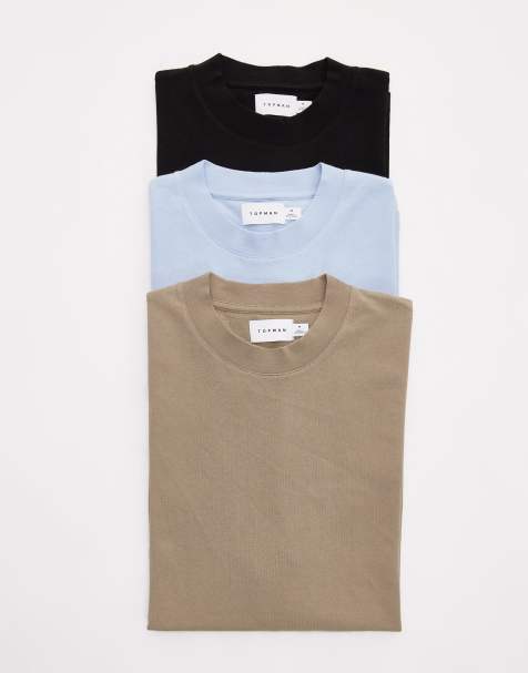 Topman 3 pack relaxed fit t-shirts in black, khaki and light blue - view 1