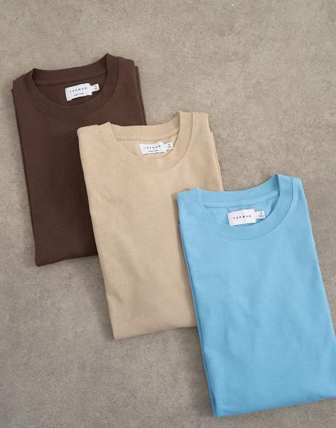 Topman 3 pack relaxed fit t-shirts in brown, stone and blue - view 1