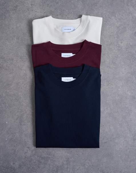 Topman 3 pack relaxed t-shirt in ecru, navy and burgundy - view 1