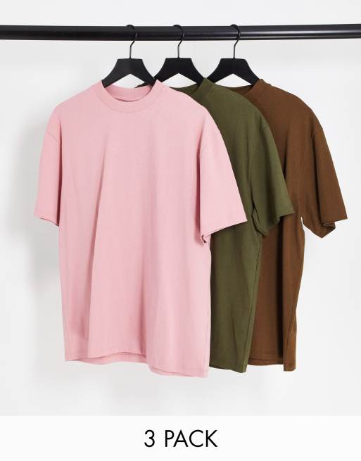 Topman 3 pack relaxed t-shirts in brown, bright khaki green and pink