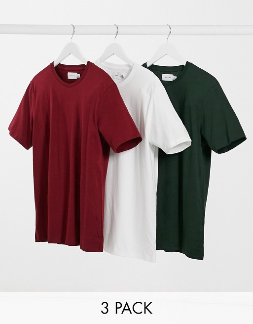 Topman 3 pack t-shirts in white green and red