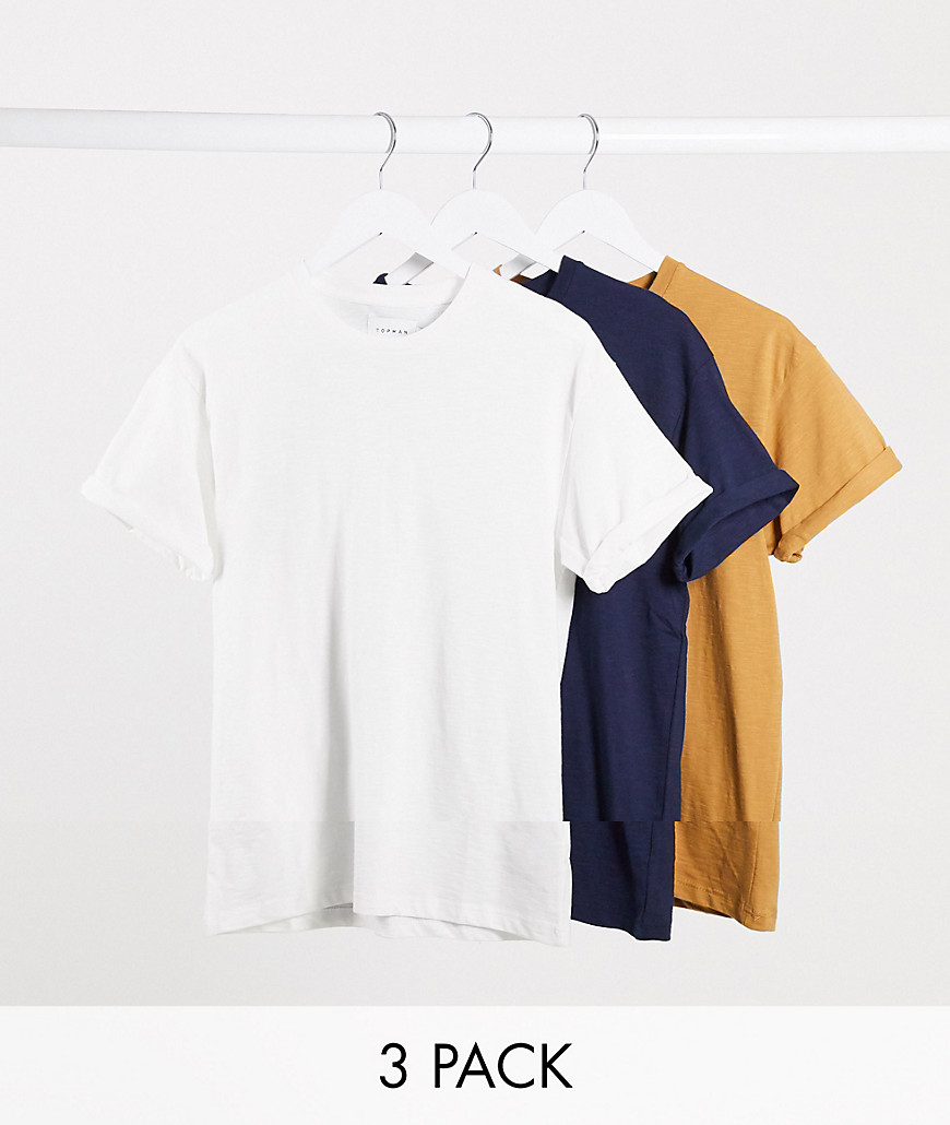 Topman 3 pack t-shirts in white navy & brown-Multi