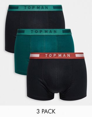 Topman 3 pack trunks in black and green with coloured waistbands