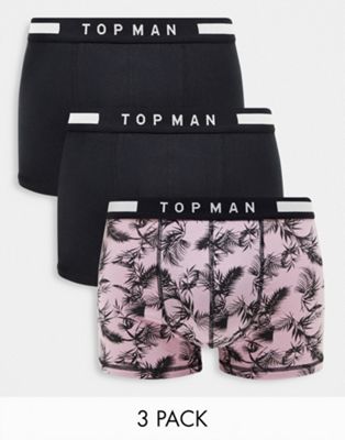 Topman 3 pack trunks in black and palm print with black waistbands