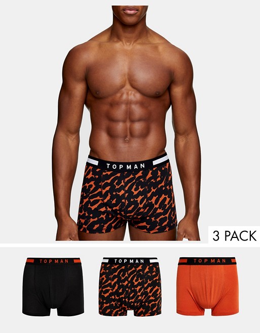 Topman 3 pack trunks in black orange and leopard print
